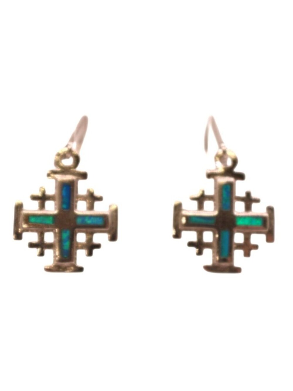 Vintage Sterling Silver 925 Blue Opal Jerusalem Cross Drop Earrings Leverback